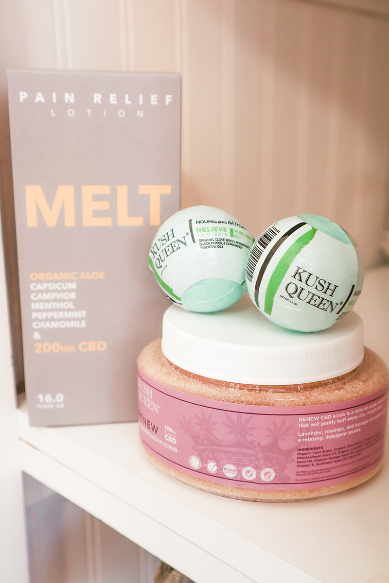 Perfect pedicure set featuring Kush Queen's CBD Sugar Scrub, two mini Relieve bath bombs with 10mg CBD, and Melt pain relief CBD lotion.