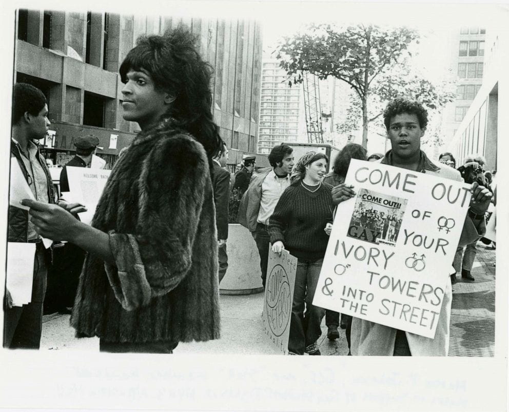 A 1970 photo of Marsha P. Johnson handing out flyers in support of Gay Students at NYU is seen here courtesy of the New York Public Library's "1969: The Year of Gay Liberation" exhibit.  Diana Davies/NYPL/Handout via Reuters, FILE
