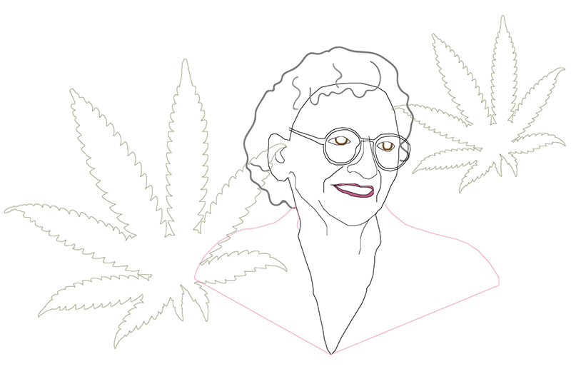 Illustration Mary Jane Rathbun by @ dmblunted featuring portrait and cannabis leaf outlined.